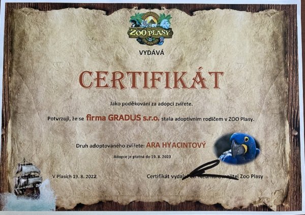 Adopční certifikát ZOO Plasy